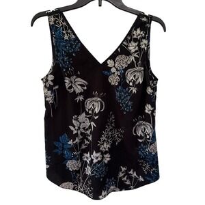 Banana Republic Floral Tank Top Womens S Black V Neck Sleeveless Work Blouse